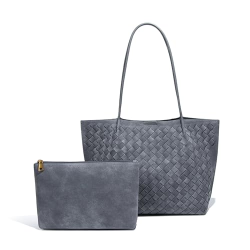 Women's Luxury Handmade Woven Tote Bag, Beach Bag Set, Elegant Age Reducing Travel Commuter Bag Set - color: Frosted Material 15# Grey