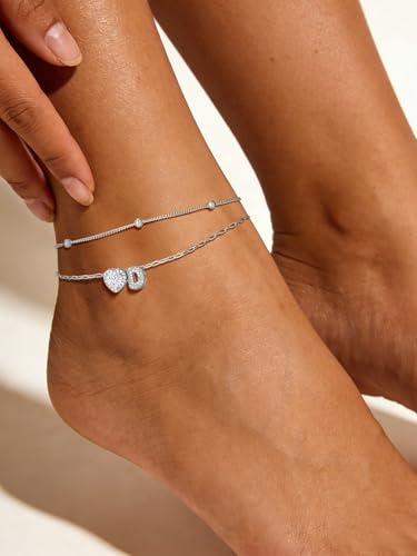 FindChic Silver/14K Gold Plated Layered CZ Initial Ankle Bracelet for Women | Waterproof Stainless Steel, Cubic Zirconia Letter Charm, Non-Tarnish, Hypoallergenic, Adjustable Extender, Summer Jewelry - color: Silver-CZ Heart, size: D