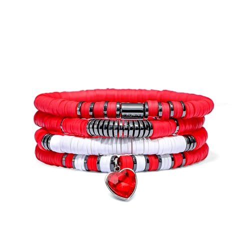 GOOJIDS Surfer Heishi Clay Bead Bracelets for Women Bohemian Stackable Gold Plated Beaded Stretch Bracelets Elastic Layering Friendship Bracelets Set Boho Jewelry - color: A-Red Heart Bracelet