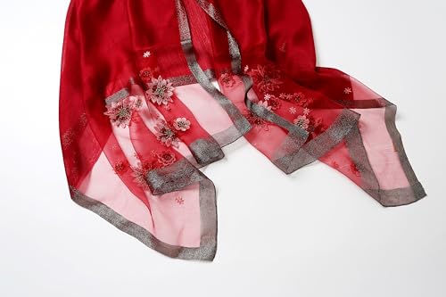 Jeelow Silk Blend Floral Fashion Scarf Shawl Wrap Lightweight Sheer For Women Floral Embroidery Wedding Party Prom - color: Red Beaded