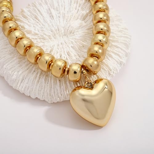WOWORAMA Chunky Heart Necklaces for Women Colorful Resin Beaded Choker Necklace Gold Puffy Heart Statement Necklace Trendy Acrylic Choker Jewelry - color: CCB-Gold