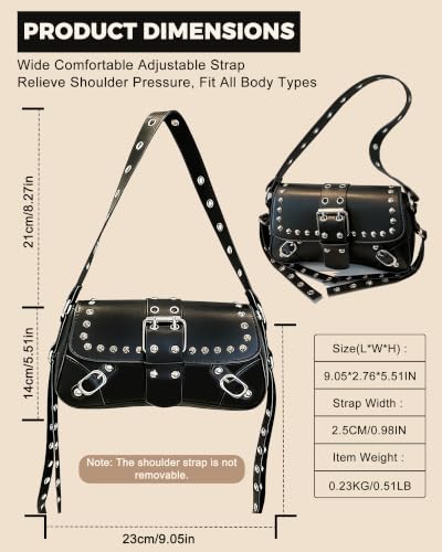 Y2K Trendy Purse for Women, Leather Buckle Punk Hobo Clutch Purses Bags for Ladies Top Handle Shoulder Bag - color: Black Silver