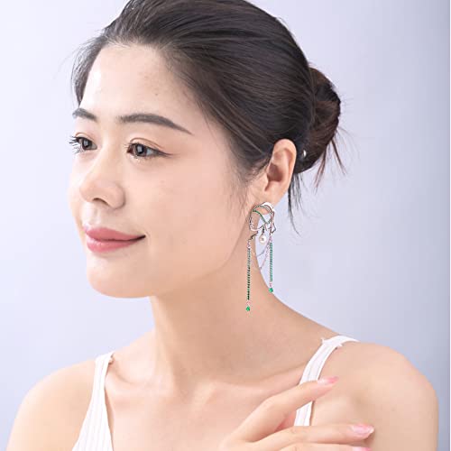 Unique Abstract Face Art | Dangle Statement Long Earrings for Women | Rhinestone Tassel Handmade Chandelier Earrings - color: Silver Green Diamond