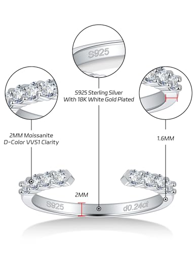 Moissanite Open Wedding Bands for Women S925 Sterling Silver Half Eternity Band Adjustable Anniversary Ring Stackable Engagement Promise Rings for Stacking Size 4-10 - color: Silver, size: 6