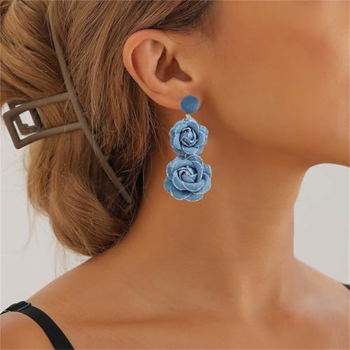 coadipress Boho Denim Camellia Flower Dangle Earrings for Women Exaggerated Big Layered Tiered Blossom Floral Drop Long Earring Chic Statement Earrings Wedding Bridal Jewelry Gifts - style: 2 Flowers Light Blue