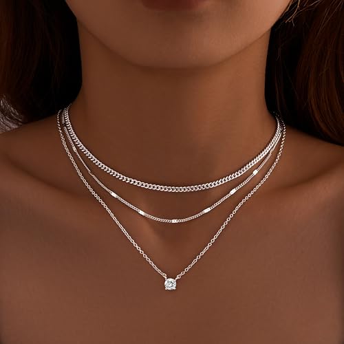 WomenGifts Layered Gold Necklaces for Women, 14K Gold Sterling Silver Plated Dainty Pendant Necklace Set Non Tarnish, Chunky Stackable Cuban Chain Choker, Trendy Birthstone Vacation Jewelry Gift - color: Silver, style: Cubic Zirconia