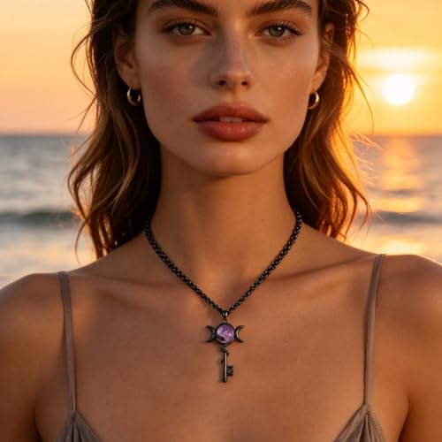 INFUSEU Mystical Hecate Triple Moon Goddess Necklaces, Divine Feminine Protection Gifts - style: Amethyst Hecate Key - Black