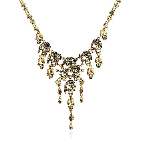 Pingyongchang Vintage Pirate Skull Tassel Charm Necklace and Skull Bracelet Lady Horror Necklace for Women - color: Antique brass