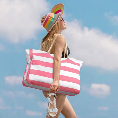 Becokan Beach Bag Large Beach Tote Bag for Women Waterproof Sandproof Swim Pool Bag With Zipper - color: Pink