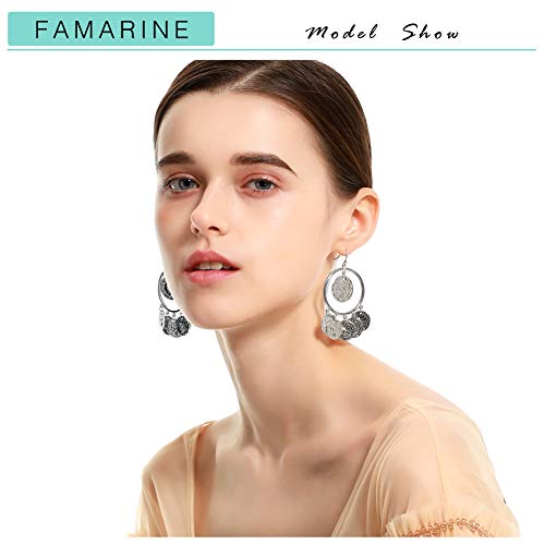 FAMARINE Vintage Tribal Chandelier Portrait Coins Hoop Drop Earrings for Women Costume Jewelry - color: Silver