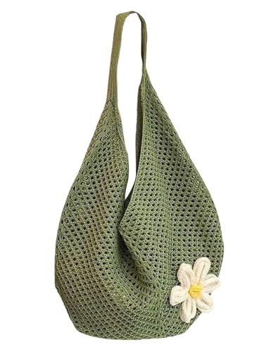 OYOANGLE Women's Floral Applique Crochet Beach Tote Bag Summer Boho Mesh Woven Tote Bag - color: Green