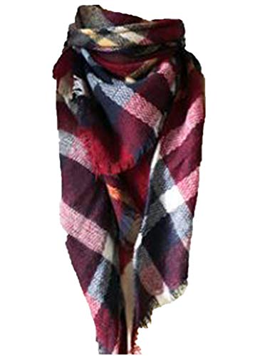 Wander Agio Womens Warm Long Shawl Winter Wraps Large Scarves Knit Cashmere Feel Plaid Triangle Scarf - color: Big Wine Red 25