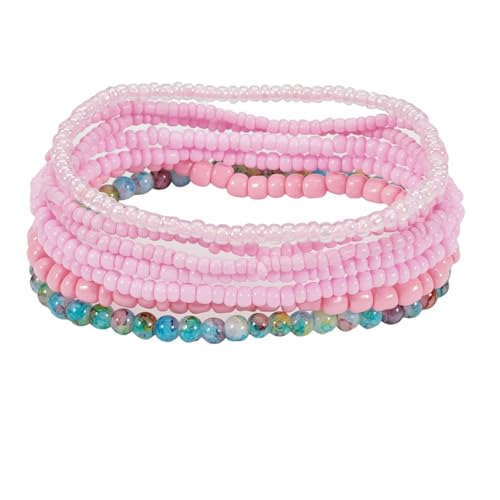 Caiyao Bohemian Multilayer Stackable Seed Beaded Bracelets Colorful Crystal Glass Beads Strand Bangle Bracelet BFF Wristbands Bracelet for Women Summer Beach Hawaii Jewelry Birthday Gifts - color: Pink 5