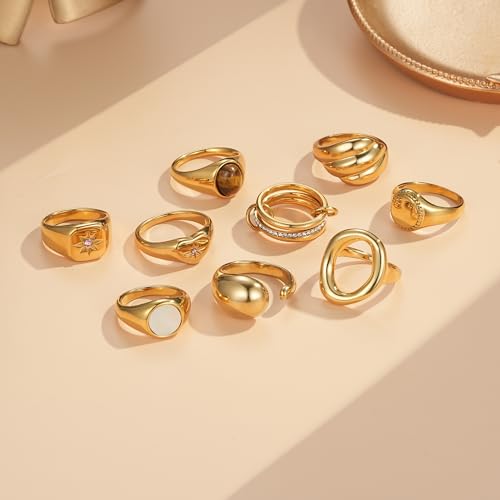 YeGieonr Non Tarnish Gold Rings for Women, Waterproof Gold Signet Ring, 18K Gold Plated Stackable Rings for Everyday Wear - color: Sqaure Pink