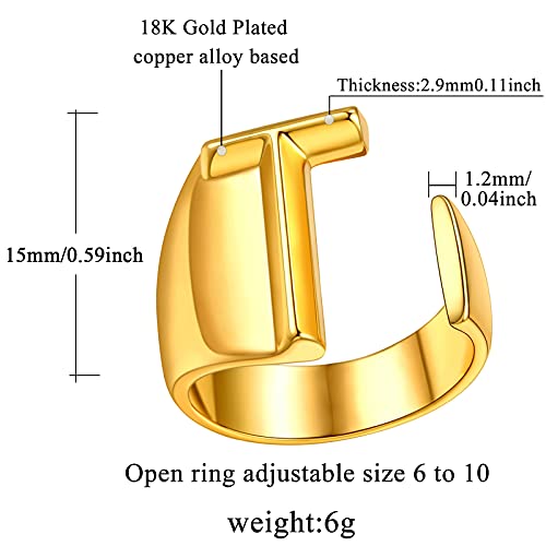 FindChic Customizable Initial Ring Statement 18K Gold Plated Fashion Cuff Rings for Women Alphabet Letter A to Z Resizable Knuckle Ring (with Gift Box) - color: T