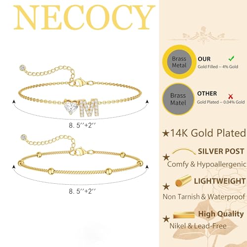 NECOCY Initial Heart Diamond Anklets for Women Waterproof, Non Tarnish 14k Gold Plated Letter Ankle Bracelets Dainty, Summer Beach Bikini Jewelry Gifts for Women - color: Gold