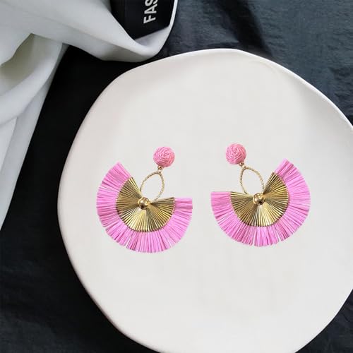 Anmpab Straw Fan Bohemian Tassel Earrings for Women Trendy Colorful Fringe Summer Beach Statement Earrings - color: Pink