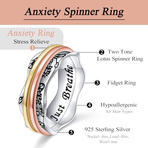 Ladytree Spinner Fidget Ring Sterling Silver Thumb Band for Women Anxiety Ring Platinum Plated Worry Stress Relief Just Breathe Boredom ADHD Autism Rings Boho Jewelry Gift - color: N-two tone lotus just breathe