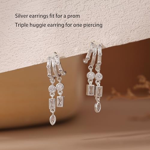 Dangle Earrings For Women, Dainty Gold Drop Statement Earrings 14K Gold Plated Long Huggie Earrings for Women Trendy Hypoallergenic Dangly Earrings Small Triple Hoops Earrings Fashion Jewelry - color: silver-dangle