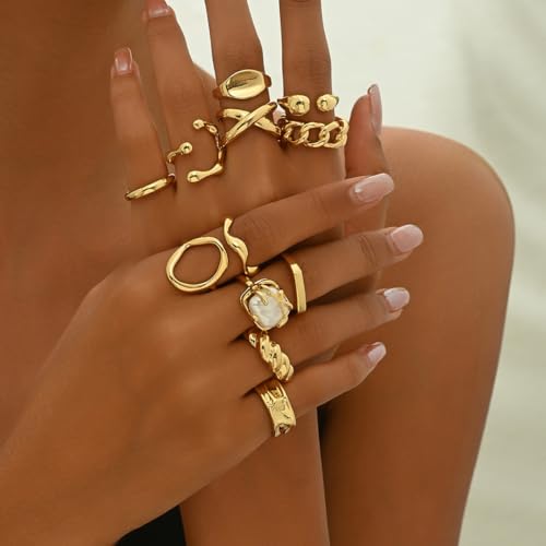 Chunky Gold Rings for Women Non Tarnish Silver Chunky Rings Set Adjustable Thick Statement Ring Gold Stackable Ring for Women Trendy Fashion Silver Jewelry - style: Style1