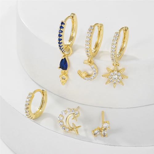 6pcs Gold Hoop Earring Stacks For Women Dainty Colorful Cubic Zirconia Huggie Earrings 18k Gold Hoop Earrings Cartilage Stud Earring Sets For Multiple Piercing - style: Fashion-C