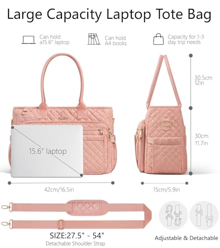 Bagstellar Teacher Bags for Women, 15.6 inch Laptop Work Tote Bag Quilted Nurse Bible Computer Shoulder Bag for School Travel | Dream Tote Work Bag - color: Pink
