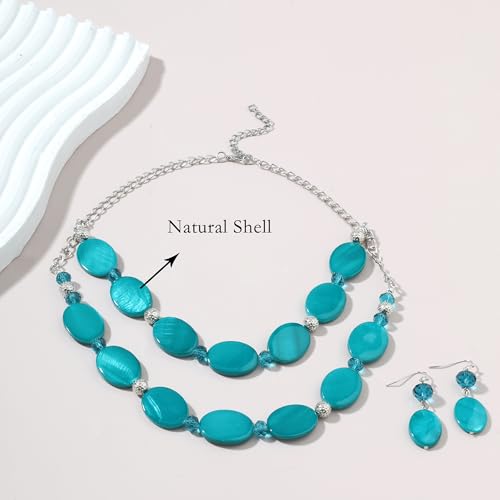 2 Layered Chunky Beaded Shell Necklace for Women Sea Shell blue/yellow/red/green/turquoise/teal/white Statement Necklace and Earring Set Elegant Women Necklace Set Jewelry Sets for Women - color: Teal Green