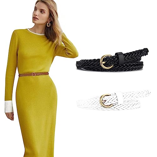 2 Pack Skinny Thin Braided Belts for Women Dresses Woven Waist Belts for Jeans - color: A:black+white