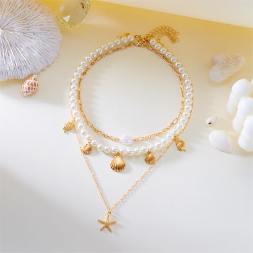 Boho Multi-layered Shell Starfish Necklace Layered Pearl Pendant Choker Necklace Fashionable Clavicle Chain Necklace Seaside Beach Vacation Jewelry for Women - color: Starfish2