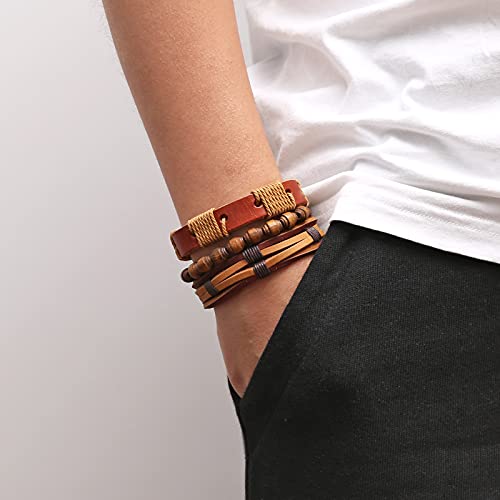 HZMAN Wrap Bracelets Men Women, Hemp Cords Wood Beads Ethnic Tribal Bracelets, Leather Wristbands - style: Wooden bead style 2