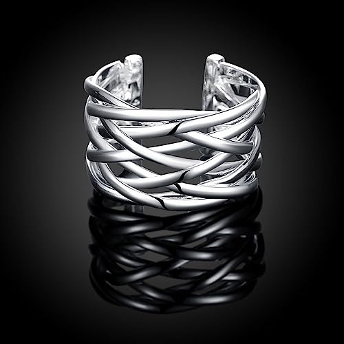 Handmade Rings 925 Sterling Silver Statement Rings Adjustable Chunky Stacking Band Ring for Women - color: Pattern 2