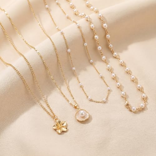 Shell Starfish Necklace for Women, Gold Plated Boho Layered Pendant Necklace with Pearl Conch Charm, Dainty Coastal Summer Beach Vacation Jewelry Gifts - style: Pearl 4Pcs