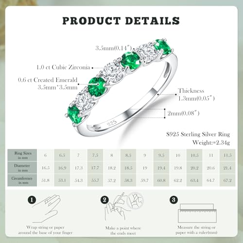 3.5mm Stackable Rings S925 Sterling Silver Created Birthstone & Cubic Zirconia Ring for Women Wedding Bands Anniversary Birthday Jewelry Size 6 to 10(with Box) - color: 05-Created Emerald & CZ-May