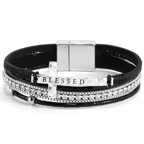VIBILIA Boho Leather Wrap Bracelets for Women Men Multi-Layer Bracelets with Strong Clasp Western Jewelry - color: 11-Cross-Black
