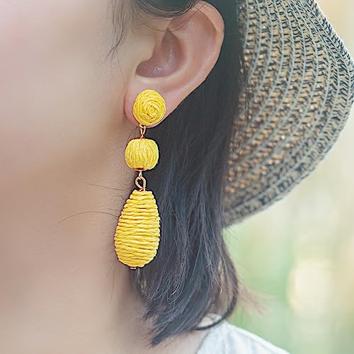 Boho Raffia Earrings Statement Dangle Earrings Cute Teardrop Ball Earrings Colorful Summer Jewelry Handmade Rattan Earrings for Women - color: Yellow
