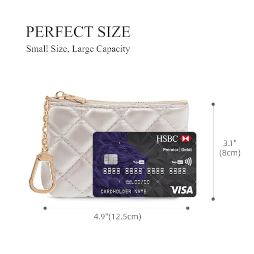 Quilted Leather Coin Purse with Keychain - Small Coin Pouch Key Pouch Small Card Holder Keychain Wallet Change Purse for Women and Men (Champagne Silver) - color: Champagne Silver