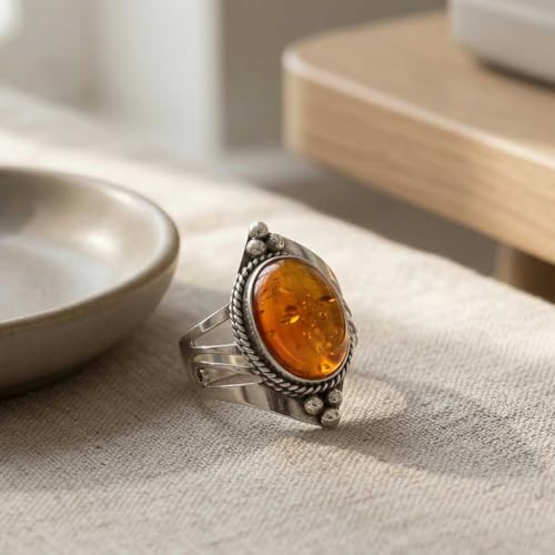 Handmade 925 Sterling Silver Plated Ring Natural Gemstone Carnelian, Rose Quartz, Tiger Eye, Crystal Oval Boho Jewelry For Women - color: Amber