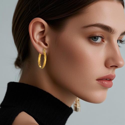 Stainless Steel Hoop Earrings for Women Gold Tone Geometric, Huggie Heart Twisted Minimalist Engraved Designs for Daily Wear - color: Gold_30mm