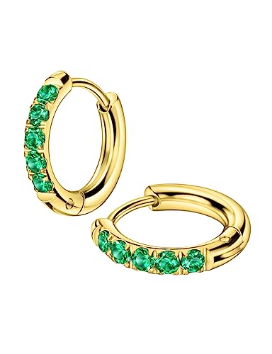 316L Surgical Stainless Steel Huggie Hoop Earrings with Cubic Zirconia, 10G 12G 14G 8-20mm Cartilage Lobe Earrings, 14G Piercing Jewelry - style: 10G 10mm Gold with Green CZ