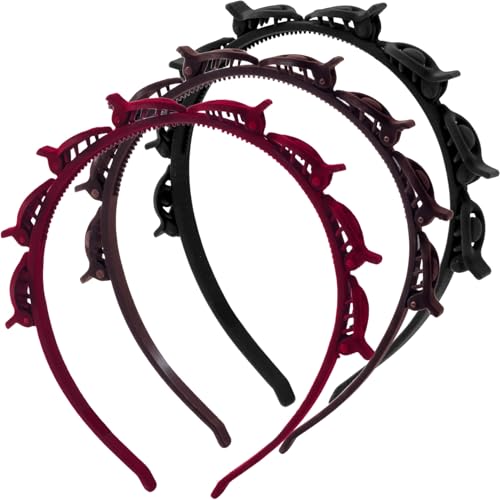 3 Pcs Headband with Clips, 90s Butterfly Hair Clips Headband with Teeth for Women, Braided Weave Bangs Non-Slip Clip Headbands Hair Accessories for Styling Decoration- 3 Colors - color: 1 Pcs Flocked Red, 1 Pcs Flocked Black, 1 Pcs Flocked Dark Brown