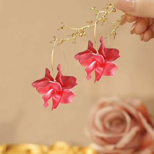 Exaggerated Bohemian Resin Rose Flower Petal Dangle Drop Earrings Long Acrylic Tiered Floral Tassel Earring for Women - color: Pearl Red