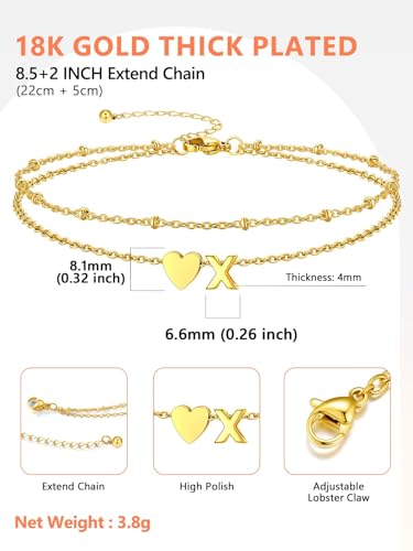 Silvora Ankle Bracelets for Women Waterproof 14K Gold/Silver/Black Initial Anklet for Women Dainty Layered Heart Ankle Bracelets Stainless Steel Adjustable Foot Chain Anklet Summer Beach Jewelry - color: Gold-14K Gold Plated, size: 24.X