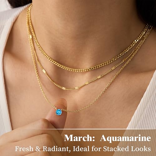 WomenGifts Layered Gold Necklaces for Women, 14K Gold Sterling Silver Plated Dainty Pendant Necklace Set Non Tarnish, Chunky Stackable Cuban Chain Choker, Trendy Birthstone Vacation Jewelry Gift - color: Gold, style: Cubic Zirconia-Created Aquamarine-Mar