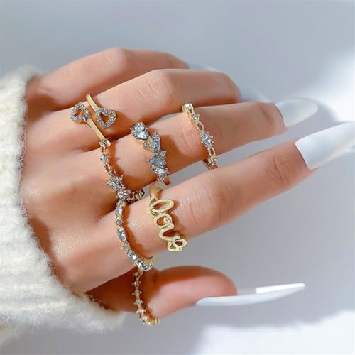 Knuckle Rings Set for Women,Simple Dainty Stackable Finger Ring Pack Minimalist Cute Butterfly Moon Heart Rings Boho Statement Jewelry Size Mixed - style: Style-C