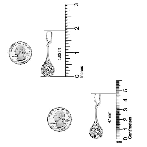 LeCalla 925 Sterling Silver Leverback Drop Earrings | Lightweight Celtic-Knot Filigree Heart Teardrop Dangle Earring for Women's Gift for Her - color: Long Filigree Bali Inspired