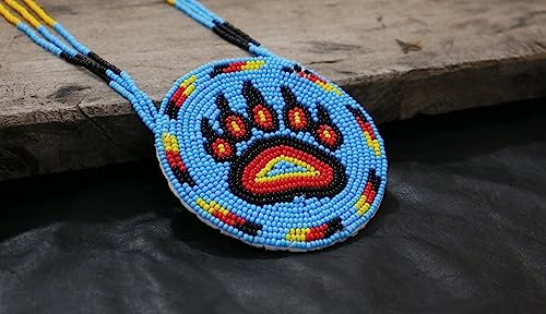 Handmade Native American Style Tribal ethnic Seed Bead Beaded Layered Medallion Necklace #1 - color: Bear Paw Skyblue