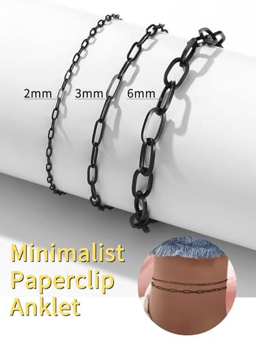 ChainsHouse Ankle Bracelets for Women, Stainless Steel Chain Anklets Waterproof, Women Summer Beach Jewelry Gift, Come with Box - color: 02. 2Pcs-(2+3mm)-Paperclip-Black