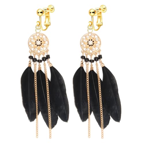 Clip on Tassel Dangle Earrings for Boho Women, Non Pierced, Colorful Feather Handmade Beads Fashion Vintage Fringe Jewelry for Parties Weddings Festivals Trendy Statement Earrings for Bohemian - color: Black A