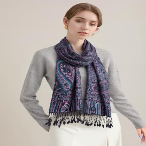 AUSEKALY Pashmina Feel Shawls Wraps for Women Rave Scarf Soft Silky Reversible Men Scarves - color: Black Pink Blue