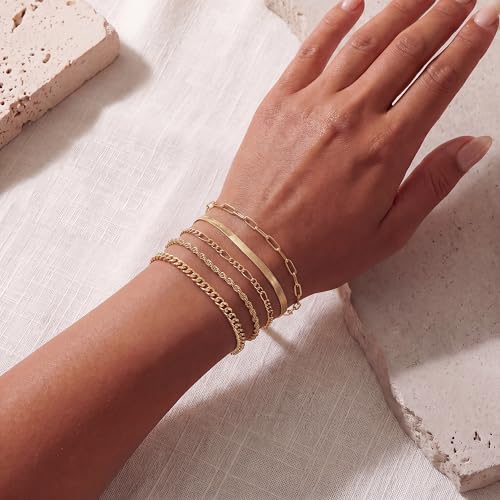 Dearmay Gold Bracelets for Women Waterproof, 14K Gold Plated Minimalist Bracelets Stack Non Tarnish Trendy Dainty Herringbone Vintage Cuban Paperclip Rope Thin Box Link Chain Stackable Jewelry Sets Modern Fashion Accessories Gifts for Womens - style: 5Pcs